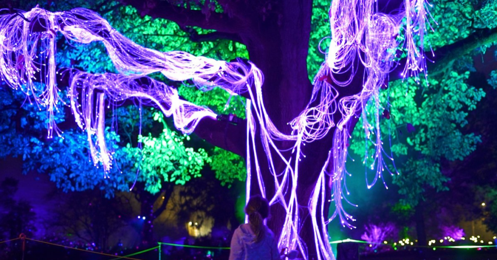 a woman is watching a decorated tree in her holiday in kiama